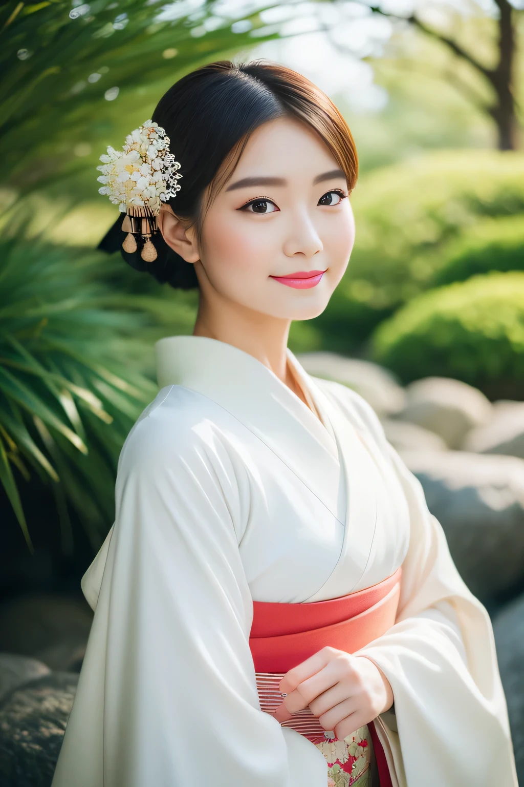 Nikon Z 85mm、The Beauty of Japan、Elegant and elegant portrait、japanese theme、Traditional kimono、Washi background、Filming in the Japan Garden、beautiful japanese makeup、Soft glow of natural light、A beautiful woman who symbolizes Japan culture