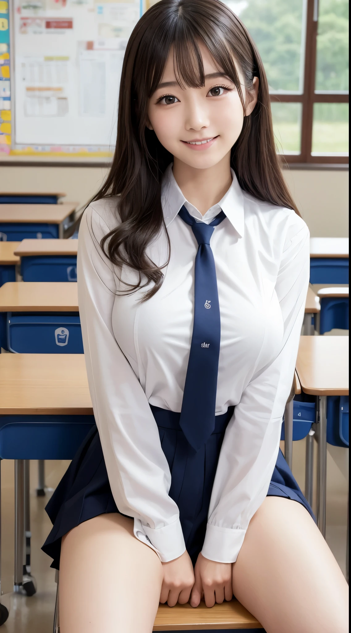 best quality, japanese girl, 8k, original photo, first class quality, 1 美丽的japanese girl, 18 years old,Japan idol, girls、curls、seduct smile、Chest fluttering、It's out、、emphasize、overflow from、big breasts, (sit on the table:1.1), (Uniforms), (spread legs:1.2), (School classroom background:1.1)、huge ，huge breasts，
