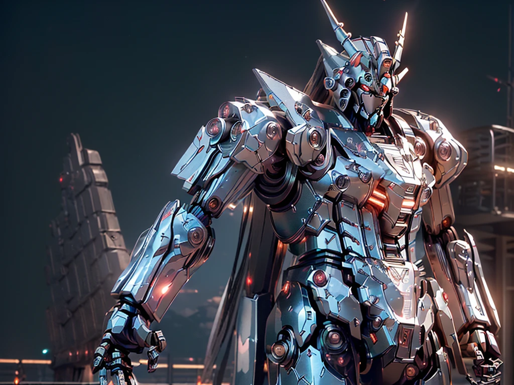 ((full body, legs and feet visible, completely mechanized)) 1girl, giantess robot girl, (gundam girl), mecha, full (((mechamusume : 1.2))), pointed ears, ((robotic horns : 1.2)), ((fully armored mechamusume)), completely plated durable mecha body,open cleavage, fully metal skin, (((armored metal skin : 1.2))), mechanical parts, ((robot joints)), plated neck, bulky mechanical limbs, ((jointed mechanical arms, jointed mechanical legs : 1.2)), jointed mechanical fingers, absurdly long hair, ((flowy hair)), wavy hair, shaggy bangs, ((hair over eyes, iridescent shiny silver hair : 1.2)), blushing, full face blushing, cute pose, ((mechanical plating covering face, mecha facemask obscuring facial features : 1.2)), holding oversized weapon, black and red armored suit (((wielding oversized giant mechanical fortified chrome sword : 1.2))
((mature and elegant robotic fashion)) ((fully armored, bulky mechanical armored body : 1.2)), (fortified suit), neon fiberglass joints, bulky steel shoulder pads, kneepads, pointy headgear, large armband, (logo on armband), sci-fi logo ((hyperdetailed clothing and fashion)) looking at you, (vintage girl), blushing, (beautiful detailed eyes), (extremely detailed CG unity 8k wallpaper) (best shadow), ((an extremely delicate and beautiful)), (detailed light), ((depth of field)) big head, big sparkling eyes, moe, splash art, cinematic lighting, frontal view, volumetric lighting maximalist anthro photo illustration 64k resolution high res intricately detailed complex key visual precise linear line art resolution high res intricately detailed complex key visual precise linear line art
((standing in the futuristic big city background, in front of mechanical floating platforms attached to fortified buildings, surrounded by steel skyscrapers reaching the heavens, clouds, hovercraft, helicopters studying her, scientific vehicles stationed midair, enormous architectural robotic structures and marvels)) ((hyperdetailed scenery, detailed