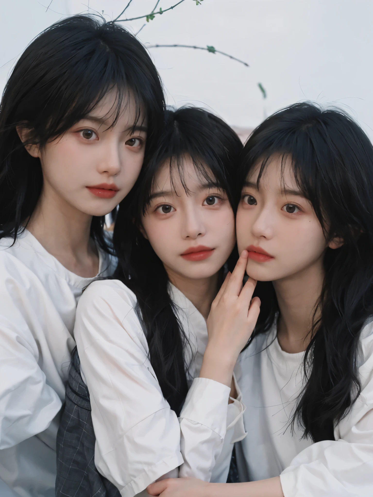 best quality, ultra high resolution, White background,16K,(realistically:1.4), 2 girls, White short sleeves,twin,triplets,rain of roses,A pair of eyes as clear as snow,Royal sister,looking at the audience, close up ,
