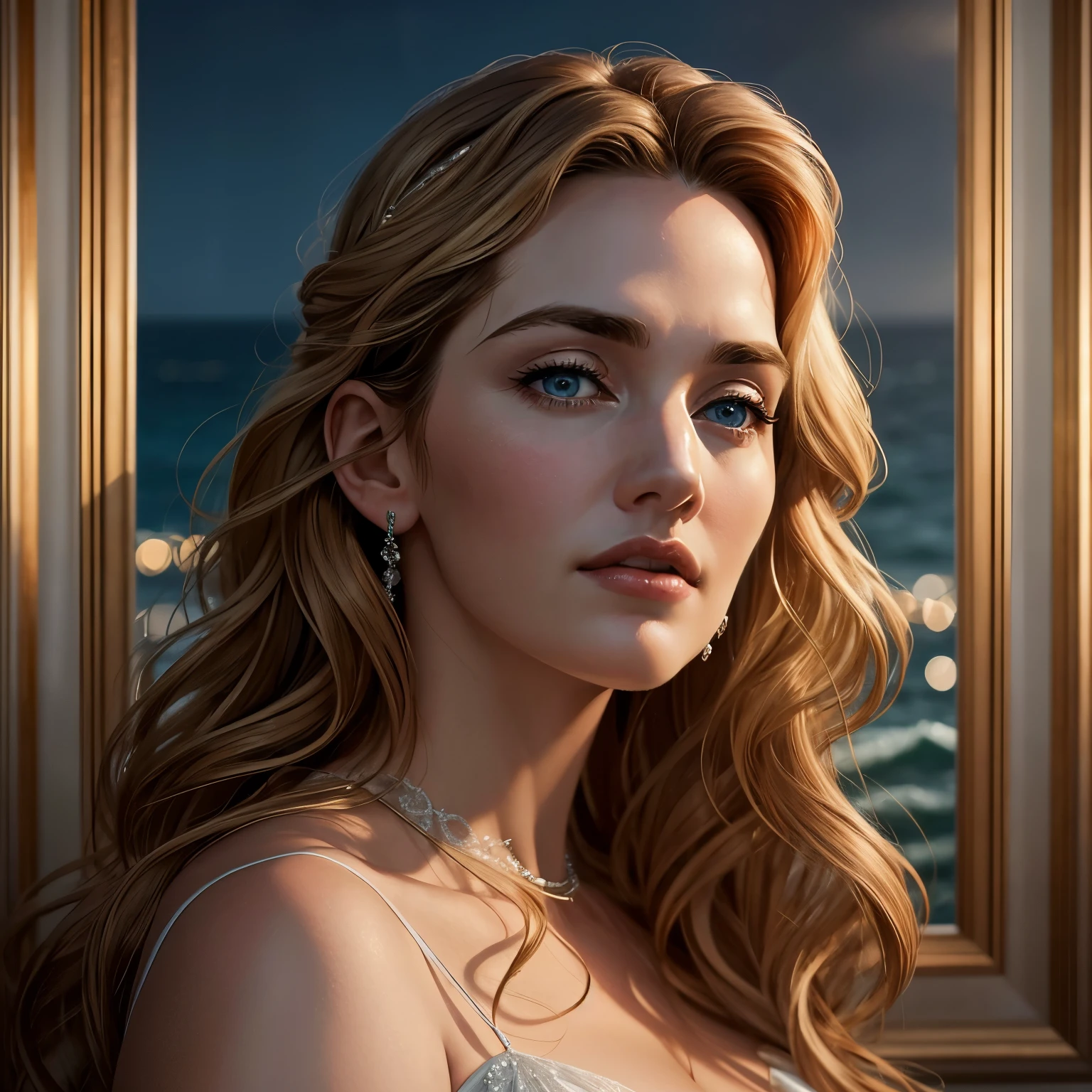 A captivating, close-up portrait of Titanic's iconic actress, Kate Winslet, at the age of 45. Her expressive, deep-set blue eyes gleam with a hint of sadness, framed by long, curly chestnut hair cascading down her shoulders. Her rosy cheeks and full lips add to her allure, completing her timeless beauty. She wears a simple, elegant evening gown, the fabric clinging to her slender figure. The image is set against a backdrop of the tranquil sea, the Titanic in the distance, surrounded by a soft, ethereal glow. The artwork is done in a hyperrealistic style,
