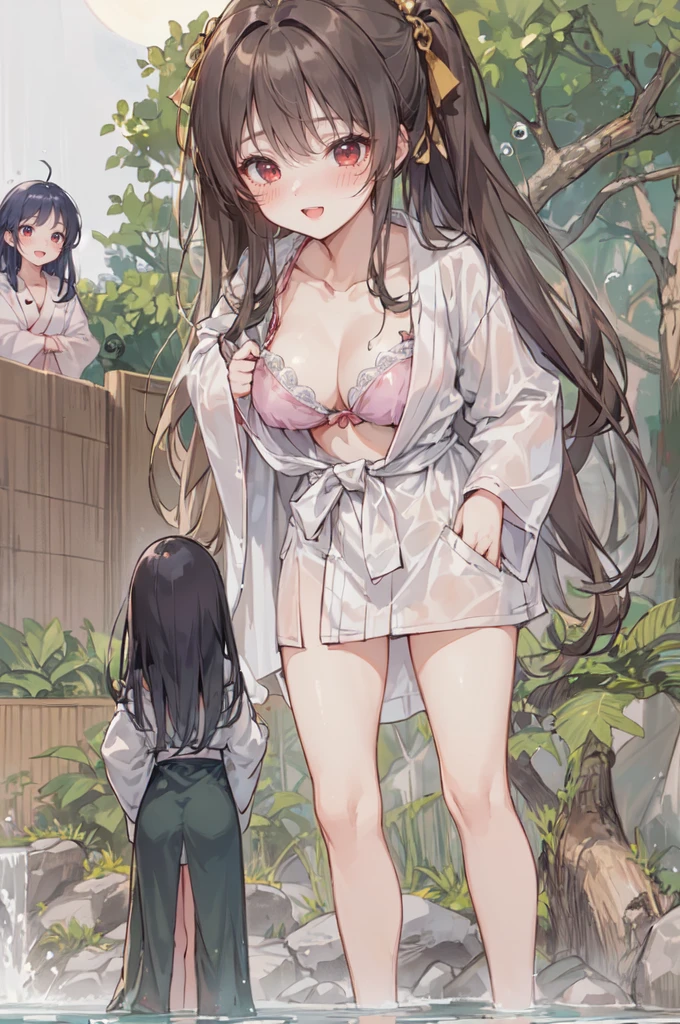 simple background, (3girls:1.2), (height_difference:1.5), (size_difference:1.2), (onsen: 1.2), (giantessbooru: 1.5), (1girl:1.5), (giantess with bathrobe or bra: 1.2), (collarbone), (giantess:1.5), (adult woman: 1.4), (tiny people in water in front of a giantess: 1.1), (crowds of tiny people in water: 1.3), (rear end people: 1.2), minigirl, (stone wall: 1.1)