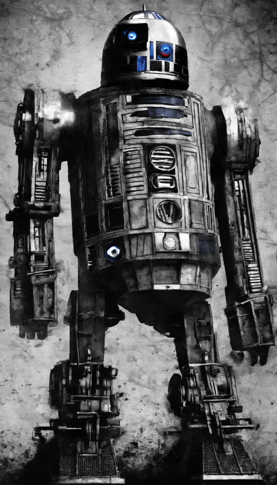 Evil R2D2; R2D2's familiar domed head and cylindrical body still remain, but his once pristine white, blue, and silver exterior is now covered in dark stains of grime and soot. Menacing spikes and sharp blades have been welded onto his body, giving him a dangerous and threatening look.
His dome head frequently rotates to survey his surroundings with his large, red optical sensor—which now glows brightly like a vicious eye, the metal around it blackened to accentuate the red glow. He keeps multiple sensor panels and access ports open, with tools and weapons jutting out instead of handy gadgets, ready to be deployed at any moment against perceived enemies.
Thick, heavy chains have been wrapped around his body, clinking threateningly as R2 rolls along. Over his usual beeps and whistles, the sound of gears grinding emanates from within him. Where his connections to main computer networks were once depicted in a cheerful blue, they now pulse an ominous red, like blood coursing through veins.
The insignia of the Evil Empire has been stamped onto R2D2's side, marking him as aligned to sinister forces instead of the heroic rebels. His movements, once friendly and helpful, are now cold, calculated, and aggressive—ready to carry out violence and destruction at the command of the Empire without hesitation or remorse.