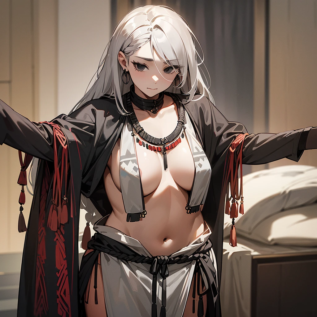 (((Alone))),(((Mature Woman))),(((Long Gray hair without bangs))),(((Completely black eyes))),(Full chest and slim waist),(((Tribal clothing)))