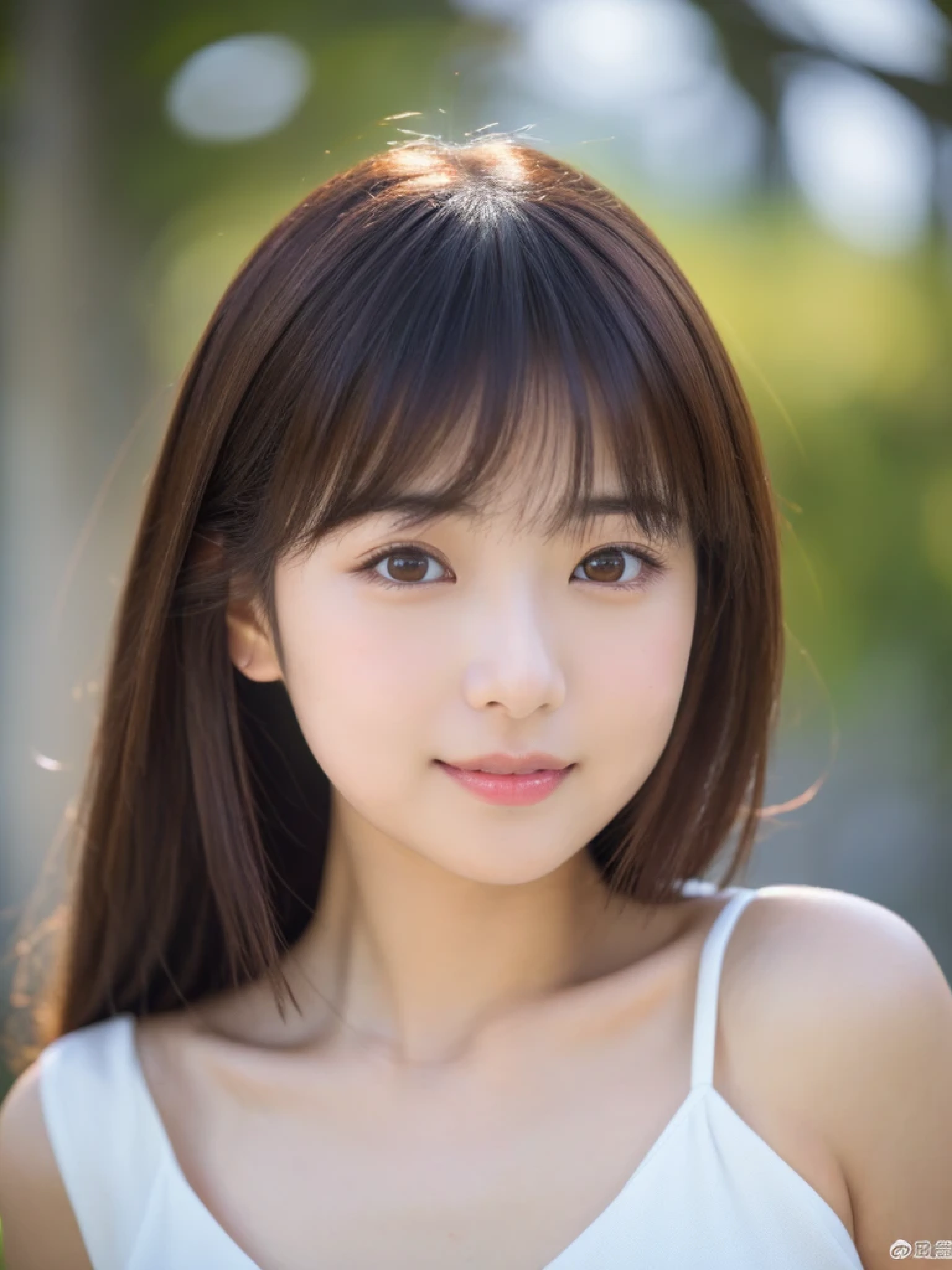 ((cute日本の女の子、beautiful japanese girl、1 girl、clear、19 years old、ponytail、Highly detailed face and skin texture、refinement、super detailed face、highly detailed eyes、Lee Hong、blush、cheek、ピンクのcheekを塗ったcheek、close-up of woman、 from the neck up、 Close to the camera、 positive face、Forward-facing body、look at the camera、front、cute、smooth white skin、Transparent skin texture、))、(dark brown hair、bangs)、beautiful woman with perfect style：1.4、japanese model、young gravure idol、若いcuteグラビアアイドル、Realistic young gravure idol、refinementされたグラビアアイドル、((highest quality、8K、masterpiece:1.3、１photograph))、(4K、RAWphotograph、highest quality)、(realistic、フォトrealistic:1.37)、Place someone on the other side of the screen、Natural light、professional lighting、F cup、big breasts、big breasts、Beautiful and well-shaped breasts、