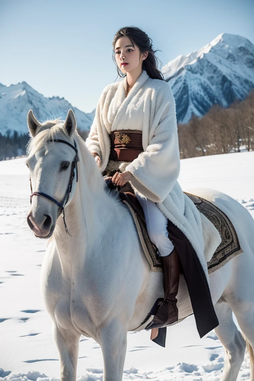 beautiful woman in war robe，Riding a white horse in the snow，White skin，Snow peaks stand upright