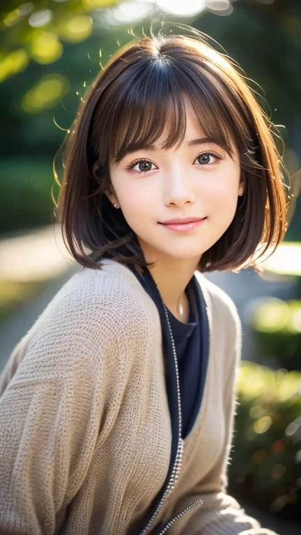 (highest quality,8K quality,masterpiece:1.3,),(ultra high resolution:1.3,Photoreal:1.4,RAW photo:1.2),(Super detailed:1.2,shiny skin,fine skin:1.1),(detailed face,perfect anatomy,caustics:1.2),on the lawn,sleep on your back,overhead view,,1 girl,cute,Japanese,22 years ago,Japanese ID,natural brown hair,Curl short hair outward,cute目,natural makeup,Spring attire,laughter,look at the camera,up on the face,face focus,professional lighting,natural soft light,small tits, Low position, Low - Angle