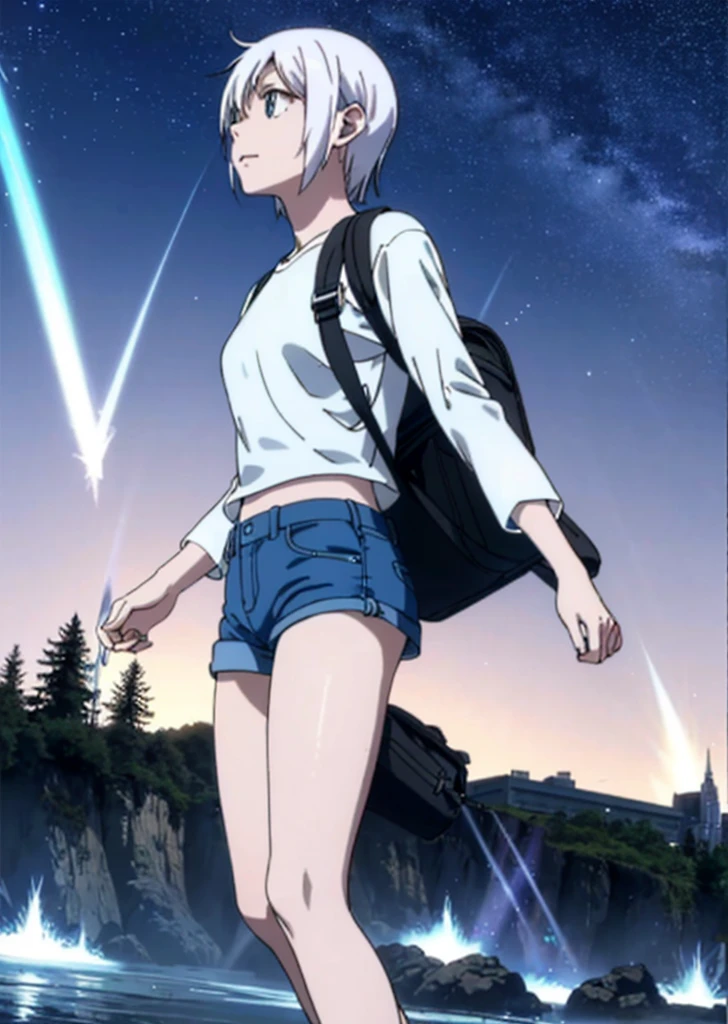 (beautiful and magnificent skyline, majestic sky), (extremely tense and dramatic pictures, moving visual effects), (high hanging Polaris, colorful natural light), (1girl), (long-sleeved top, denim shorts, carrying a backpack), (dynamic pose:1.3, black eyes, white hime-cut hair, sparkling girl)[:0.8], (large grassland), (oncoming breeze), (white hair and background Coordination effect: 1.2), (close shot, long shot mix and match)[::0.9]