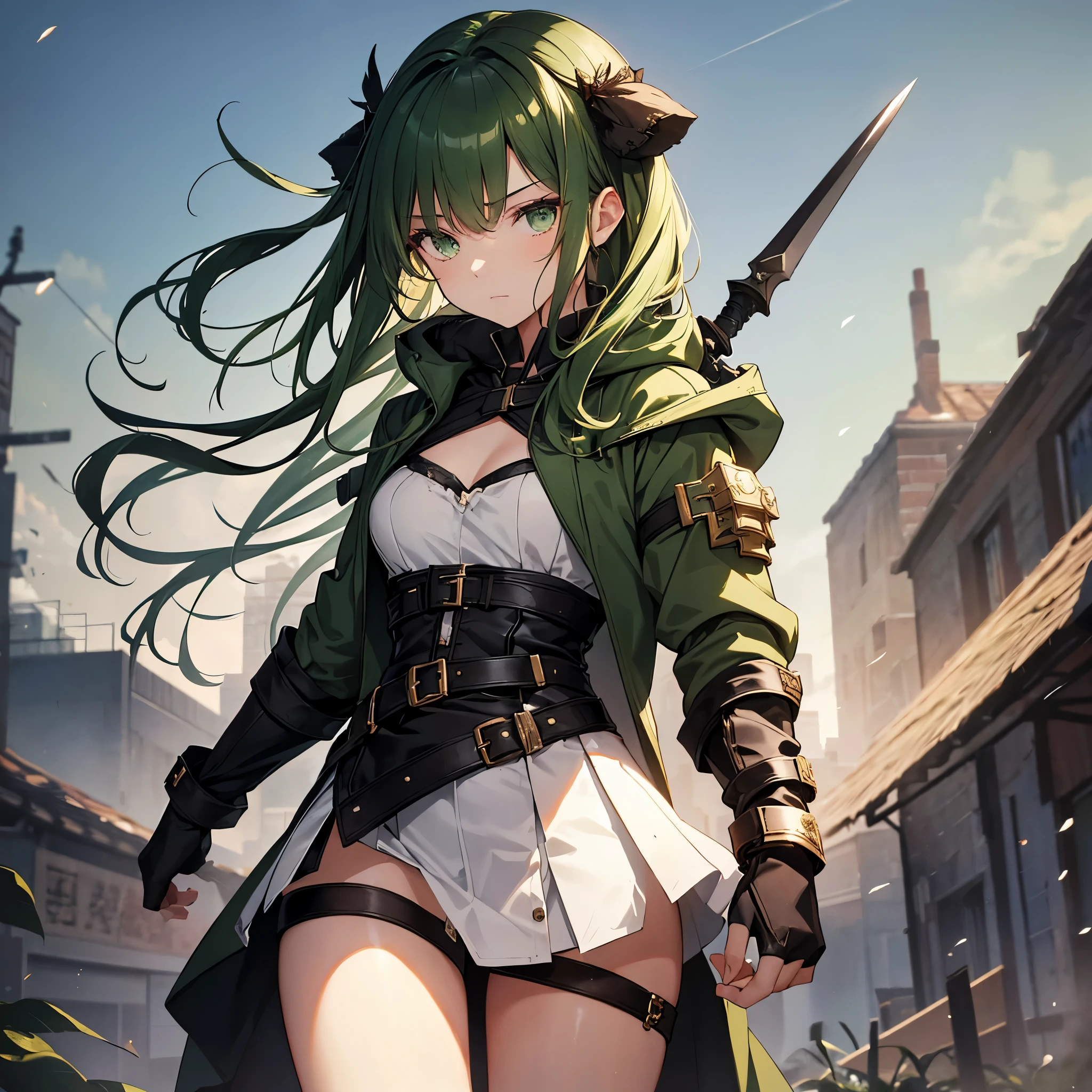 A 16-year-old young girl with fair skin, green eyes, and dark green hair with slightly thick and pointed strands. She wears a slightly sensual outfit with subtle provocative touches, but it's a warrior's attire. Over her clothing, she wears a coat, but the hood is not placed on her head. The young warrior has a neutral expression, somewhat melancholic, as if she doesn't care about anything or anyone. In her hands, she wields a cylindrical wooden sword as she prepares to attack.