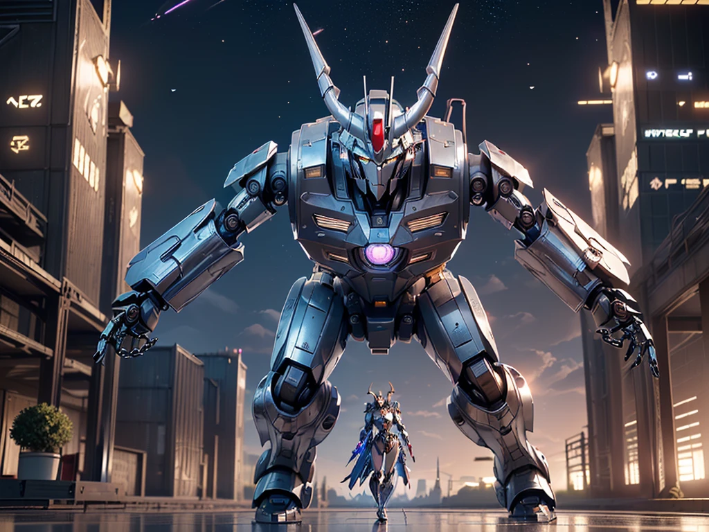 ((full body, legs and feet visible, completely mechanized)) 1girl, giantess robot girl, (gundam girl), mecha, full (((mechamusume : 1.2))), pointed ears, ((robotic horns : 1.2)), ((fully armored mechamusume)), completely plated durable mecha body,open cleavage, fully metal skin, (((armored metal skin : 1.2))), mechanical parts, ((robot joints)), plated neck, bulky mechanical limbs, ((jointed mechanical arms, jointed mechanical legs : 1.2)), jointed mechanical fingers, absurdly long hair, ((flowy hair)), wavy hair, shaggy bangs, ((hair over eyes, iridescent shiny silver hair : 1.2)), blushing, full face blushing, cute pose, ((mechanical plating covering face, mecha facemask obscuring facial features : 1.2)), holding oversized weapon, black and red armored suit (((wielding oversized giant mechanical fortified chrome sword : 1.2))
((mature and elegant robotic fashion)) ((fully armored, bulky mechanical armored body : 1.2)), (fortified suit), neon fiberglass joints, bulky steel shoulder pads, kneepads, pointy headgear, large armband, (logo on armband), sci-fi logo ((hyperdetailed clothing and fashion)) looking at you, (vintage girl), blushing, (beautiful detailed eyes), (extremely detailed CG unity 8k wallpaper) (best shadow), ((an extremely delicate and beautiful)), (detailed light), ((depth of field)) big head, big sparkling eyes, moe, splash art, cinematic lighting, frontal view, volumetric lighting maximalist anthro photo illustration 64k resolution high res intricately detailed complex key visual precise linear line art resolution high res intricately detailed complex key visual precise linear line art
((standing in the futuristic big city background, in front of mechanical floating platforms attached to fortified buildings, surrounded by steel skyscrapers reaching the heavens, clouds, hovercraft, helicopters studying her, scientific vehicles stationed midair, enormous architectural robotic structures and marvels)) ((hyperdetailed scenery, detailed