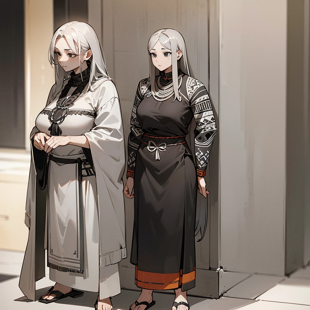 (((Alone))),(((Mature Woman))),(((Long Gray hair without bangs))),(((Completely black eyes))),(Full chest and slim waist),(((Tribal clothing)))