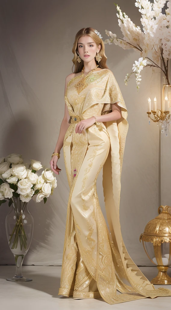 best quality, highly detailed, ultra-detailed, illustration, masterpiece,extremely detailed eyes and face, incredibly_absurd resolution, (blonde hair) , 1girl, wearing a meticulously crafted and luxurious gown showcasing intricate details, exquisite tailoring, and opulent fabrics, slim waist, light smile, whole body, facing towards the viewers, dynamic pose