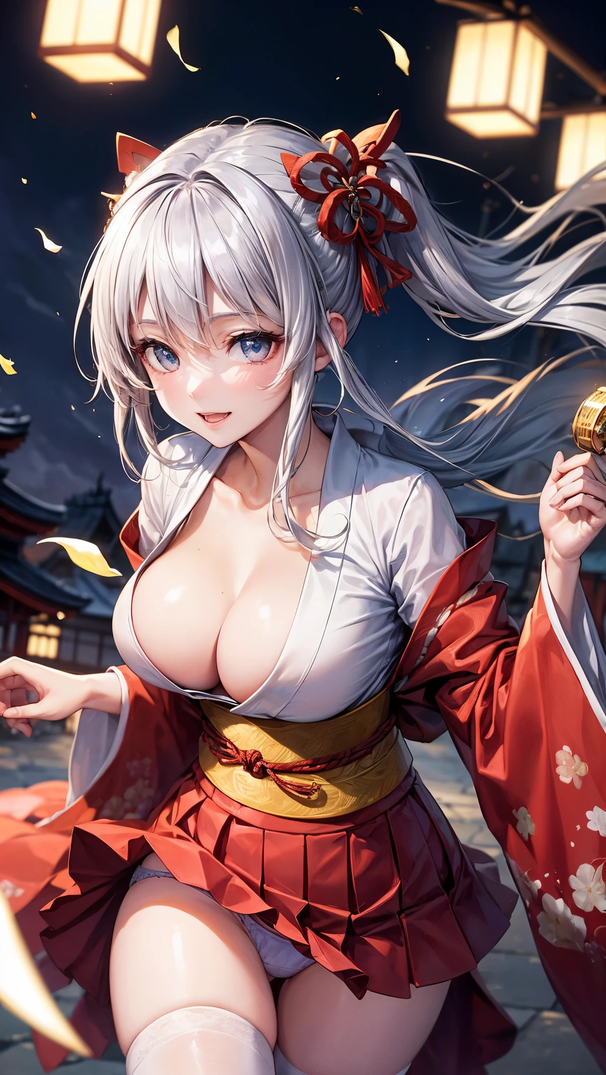 ((highest quality、High resolution、8K、masterpiece:1.3))、dynamic angle、I can see the whole body、wallpaper、1 girl、unparalleled beauty、ultimate beauty、revealing underwear、super detailed face、delicate eyes、smile shyly、sexy look、(seducing me sexually)、looking at the camera、Depth of bounds written、light particles、side light、ponytail、silver hair、shrine maiden、Red and white kimono、Haori、(The wind flips up the skirt and reveals the panties.)、Open chest、big breasts、cleavage、Thighhighs、thighs、slim、slender、Old castle at night