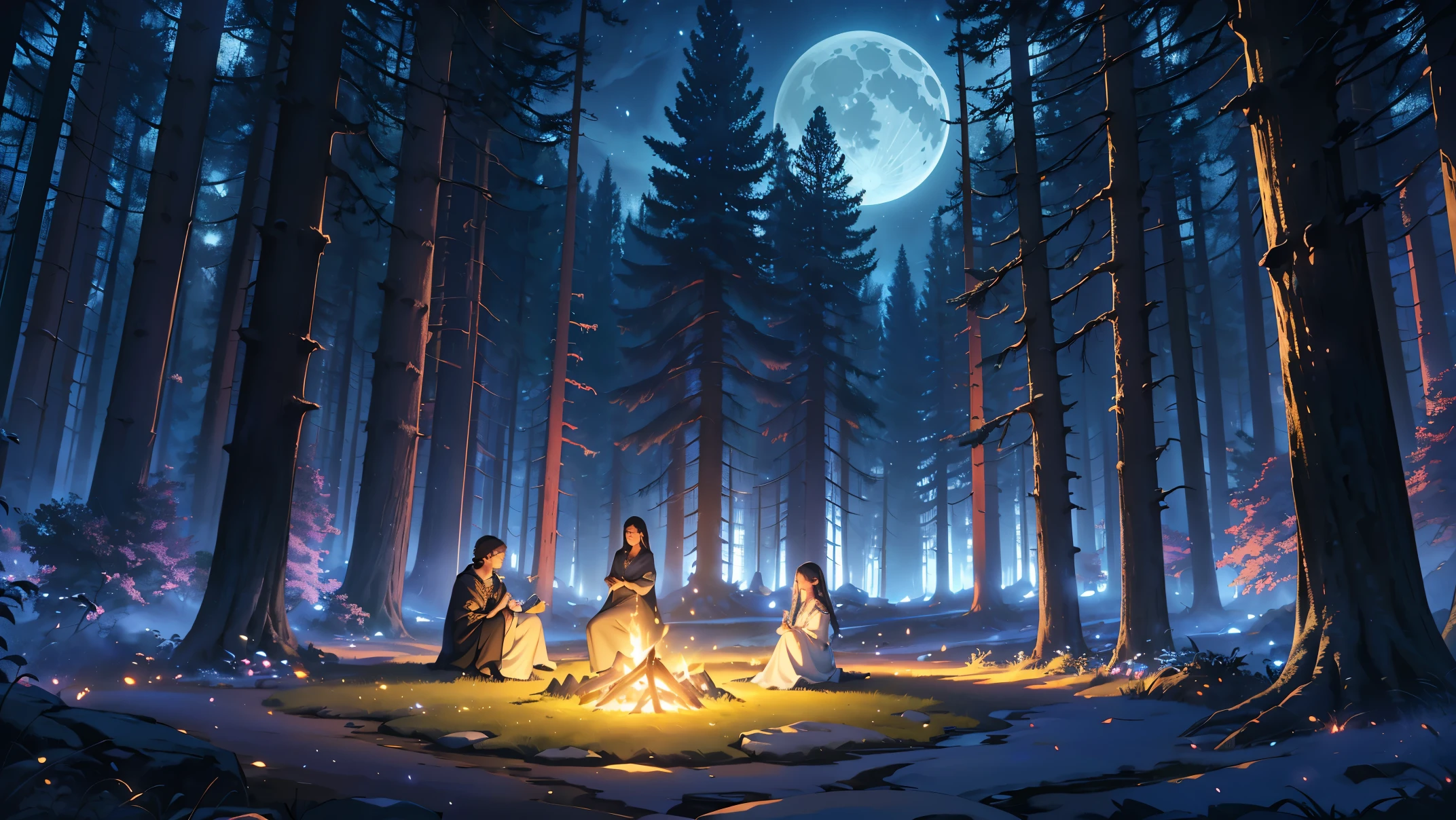 (best quality,4k,8k,highres,masterpiece:1.2),ultra-detailed,(realistic,photorealistic,photo-realistic:1.37),heaven on earth, night, campfire,moonlit landscape,dreamlike atmosphere,tranquil stream,sparkling stars,heavenly glow,peaceful surroundings,serene ambiance,crackling fire,Sits around the campfire,gentle breeze,rustling leaves,silhouettes of trees,glimmering firefly,magical aura,long exposure,ethereal beauty,suspended time,blissful harmony,vibrant colors,dance of shadows,serendipitous moment,mesmerizing spectacle,whispering wind,luminous moon,spectacular night sky,cosmic enchantment,celestial symphony,sublime serenity