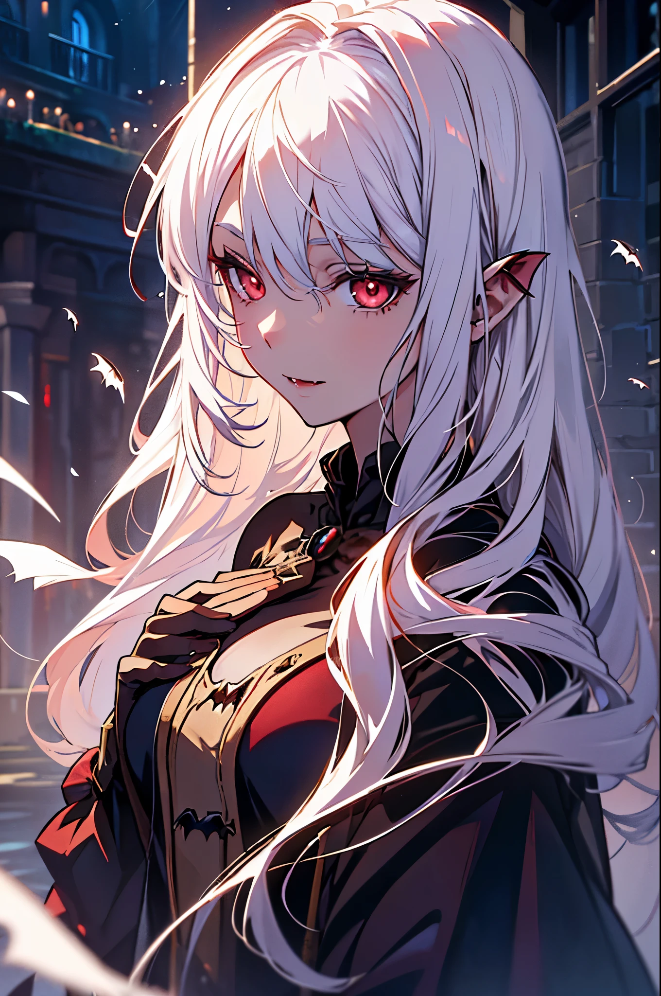 With white hair,beautiful as a fairy,A cute expression that stirs affection,side face,floating hair,light particles,glare,vivid,fancy,dreamlike,a dim atomshpere, ((Vampire Girl)) ((Vampire Princess)) ((Dark Fantasy)) ((Red-Eyes)) ((Mature))