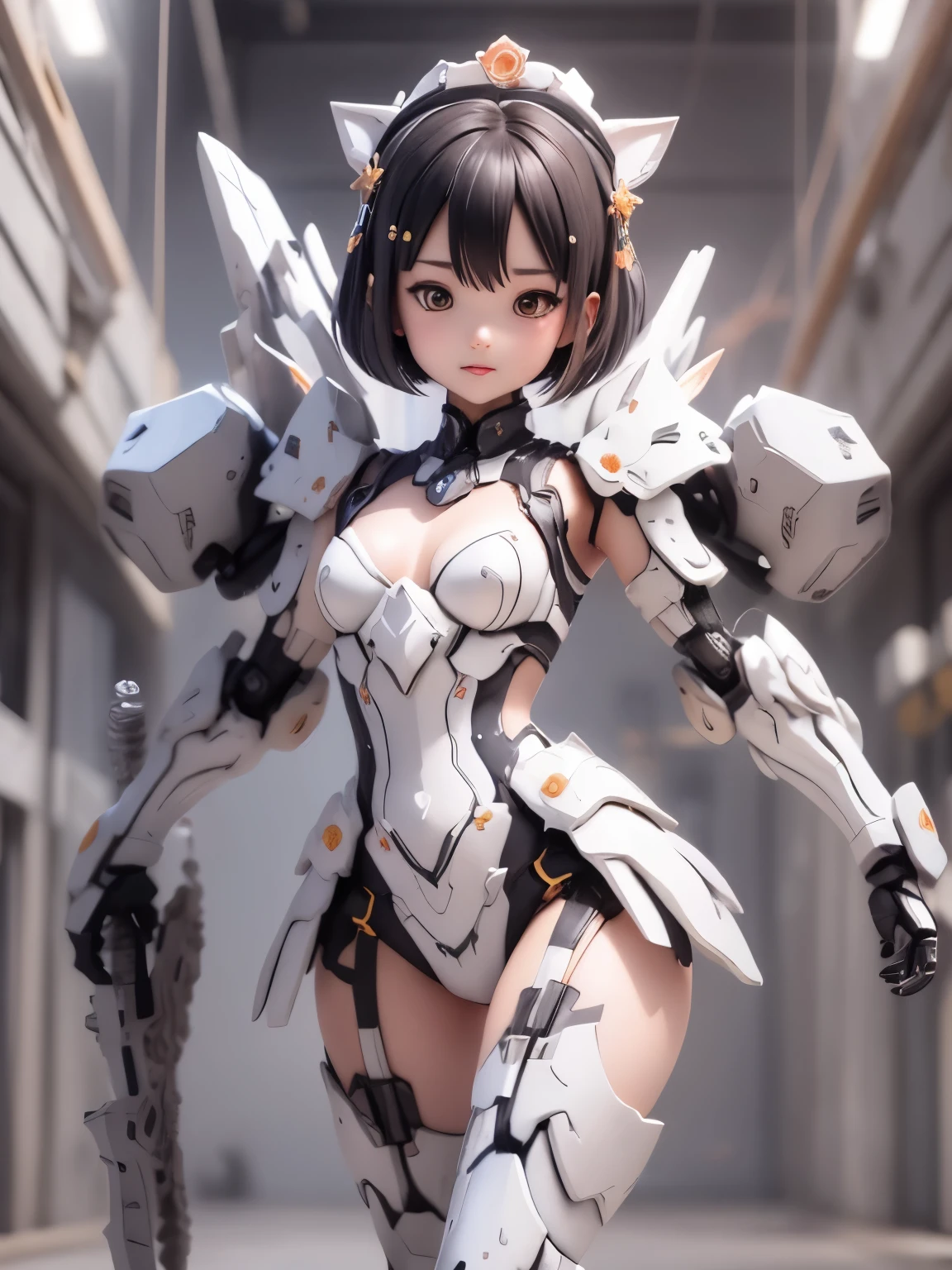 armor colored white and blue,,japanese young girl, {(wear gothic ta clothes with white frills)}, wears a futuristic Gundam style armor, with headgear, with v-fin , armored shoulders,armored under arms, armored under legs,full body:1.5, battle pose,Pose that uses the whole body,
cute, (cute:1.2), (bob cut:1.3),三つ編み, 黒髪, 太い眉毛, 薄い色の虹彩, 大きくて輝いている黒い瞳, 長いまつげ, 小さく薄い色の自然な唇, (Average face of Japanese idols), (日本人特有の童顔:1.3), (baby face), 広いおでこ:1.2, ふっくらした頬, 小さな顎, open legs, spread feet, visible side boob, (holding weapon),(holding huge weapon), holding Very large shield,in the hangar,looking at viewer,Focus on the eyes ,
3D rendering,
Small robot,
portrait female anime,
cute 3d anime rendering,
cute detailed digital art,
mini cute mech,
3D rendering stylized,
3D renderingされたキャラクター アート 8k,
cute digital painting,
Anime style 3D,
Super detailed rendering,
weapon in hand,