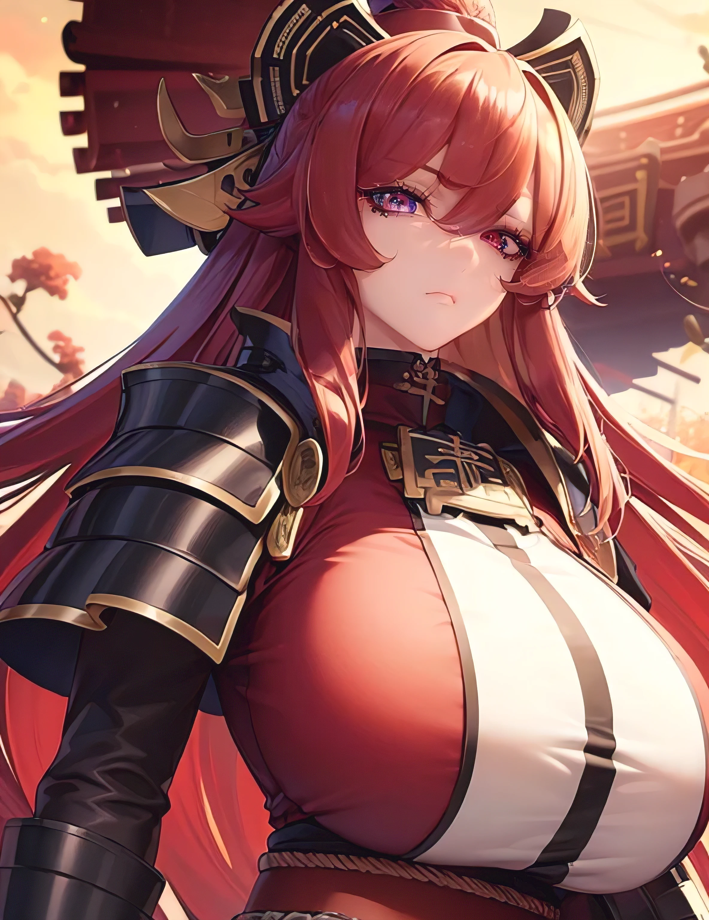 (masterpiece, best quality) an adult woman with very long red hair with bang, ((white background, no background, without background)), ((close-up)), looking at the viewer, (profile picture), bodysuit, cold look, queen, good anatomy, good proportions, black clothes, queen, (((red and gold eyes))),, mysterious appearance, emotionless, bangs, very long red hair, (Red and Gold Eyes), rounded eyes, Gothic, big Chest (large breasts), ((Chest to Head Show)), (upper body), Cinematics, Color Oil Painting, Solo, Cinematic Lighting, Extremely Detailed Face, Finely Detailed Face, Beautiful Face, Beautiful Eyes, Perfect Lighting, Depth of Field, Good Anatomy