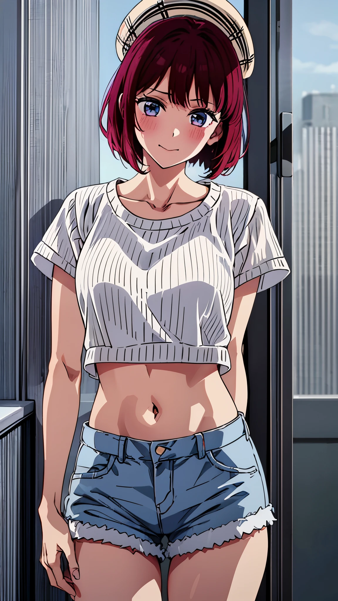 (highest quality:1.4), 8K resolution, Ultra HD, (High resolution:1.4), cinematic light, 1 girl, embarrassed face, very fine eyes,small breasts、white skin,indoor、Clear blue sky,blush、(looking at the viewer)、model pose、forced smile、cowboy shot、short hair、red hair、(highly detailed eyes)、(short cut shirt)、(shorts)、Navel、hat