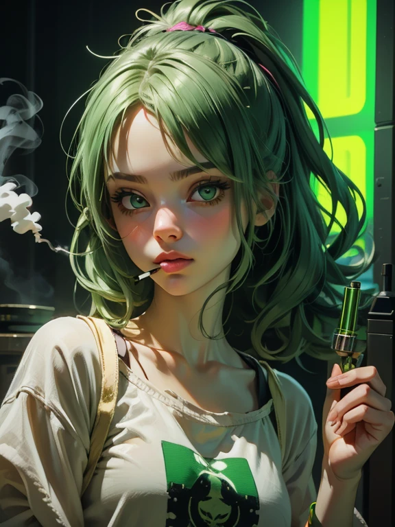 (Best quality), (perfect face), (high detail), (1girl), (closeup), (headshot), a cute stoner girl smoking a joint, smoke filled room, weed smoke, THC, (green eyes), (neon green 1:1),  HDR,4K, 3D