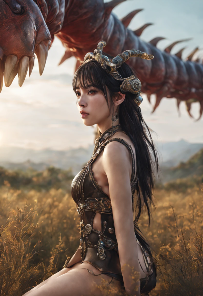 multiple women、mouth and anus are attached、Centipede human、Her clothes have holes in her face and buttocks.,(surreal), {Highly detailed 8k CG unit wallpaper}, Photographing the expansive landscape