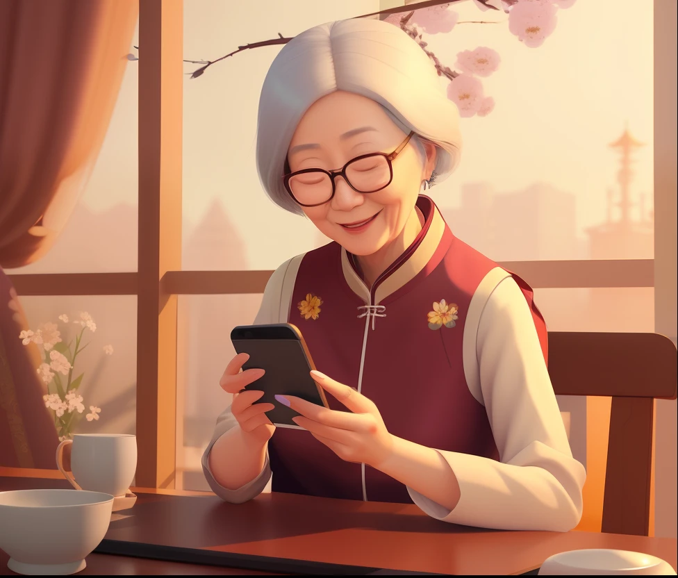 Scene of a woman looking at the table, Digital cartoon art, Grandmother, Cartoon numbers, high quality portraits, Digital animation illustration, She holds a smartphone, Lofi portrait, Inspired by Kim Chung Hee, 3d rendering senior artist, Inspired by Yao Tingmei, elegant digital art, Inspired by Ma Yuanyu，Bias towards realism，Spring Festival style，laughing out loud