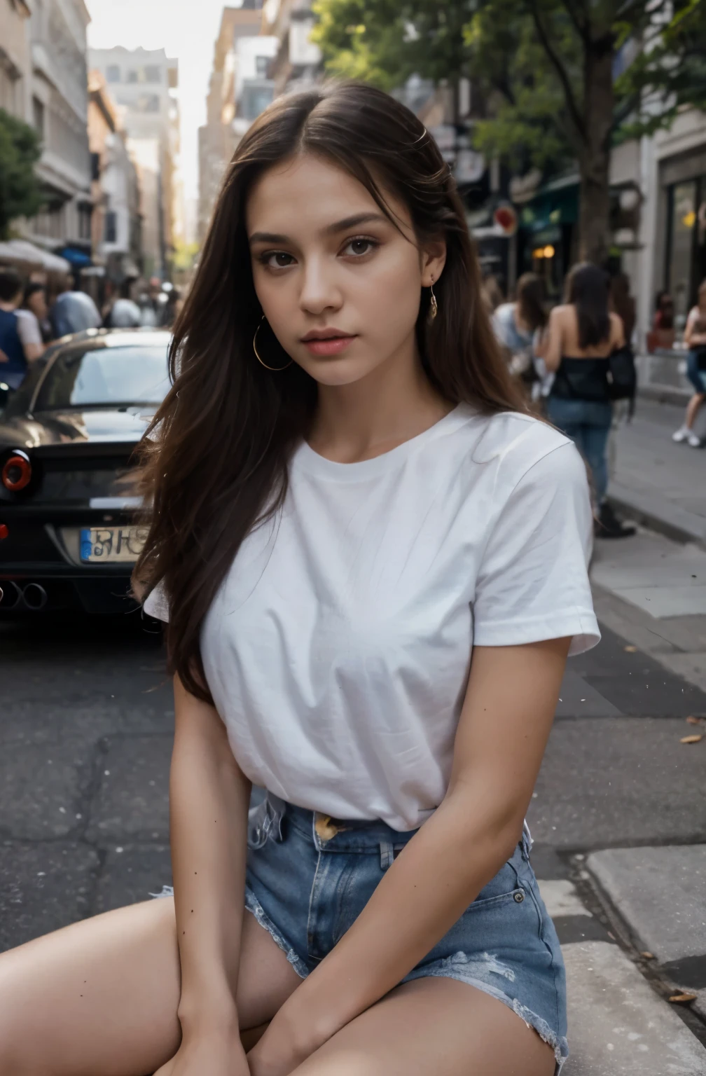 Top quality, masterpiece, ultra high definition, (Real: 1.4), Original photo, (Evening Street), 1 girl, black eyes, looking at the audience, long hair, light makeup, lips, small ears, white t-shirt, denim shorts, earrings, sitting Ferrari,, slim, neat, park