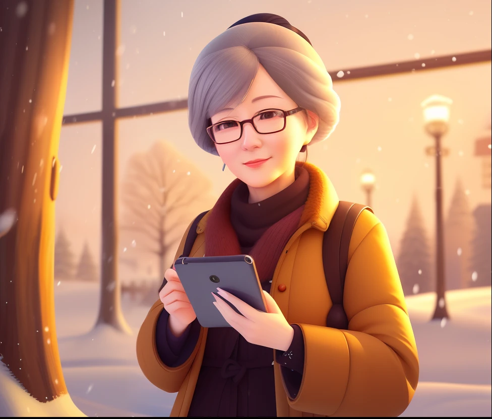Cartoon illustration of a woman using a smartphone in the snow, Digital cartoon art, Grandmother, Cartoon numbers, high quality portraits, Digital animation illustration, She holds a smartphone, Lofi portrait, Inspired by Kim Chung Hee, 3d rendering senior artist, Inspired by Yao Tingmei, elegant digital art, Inspired by Ma Yuanyu，Bias towards realism