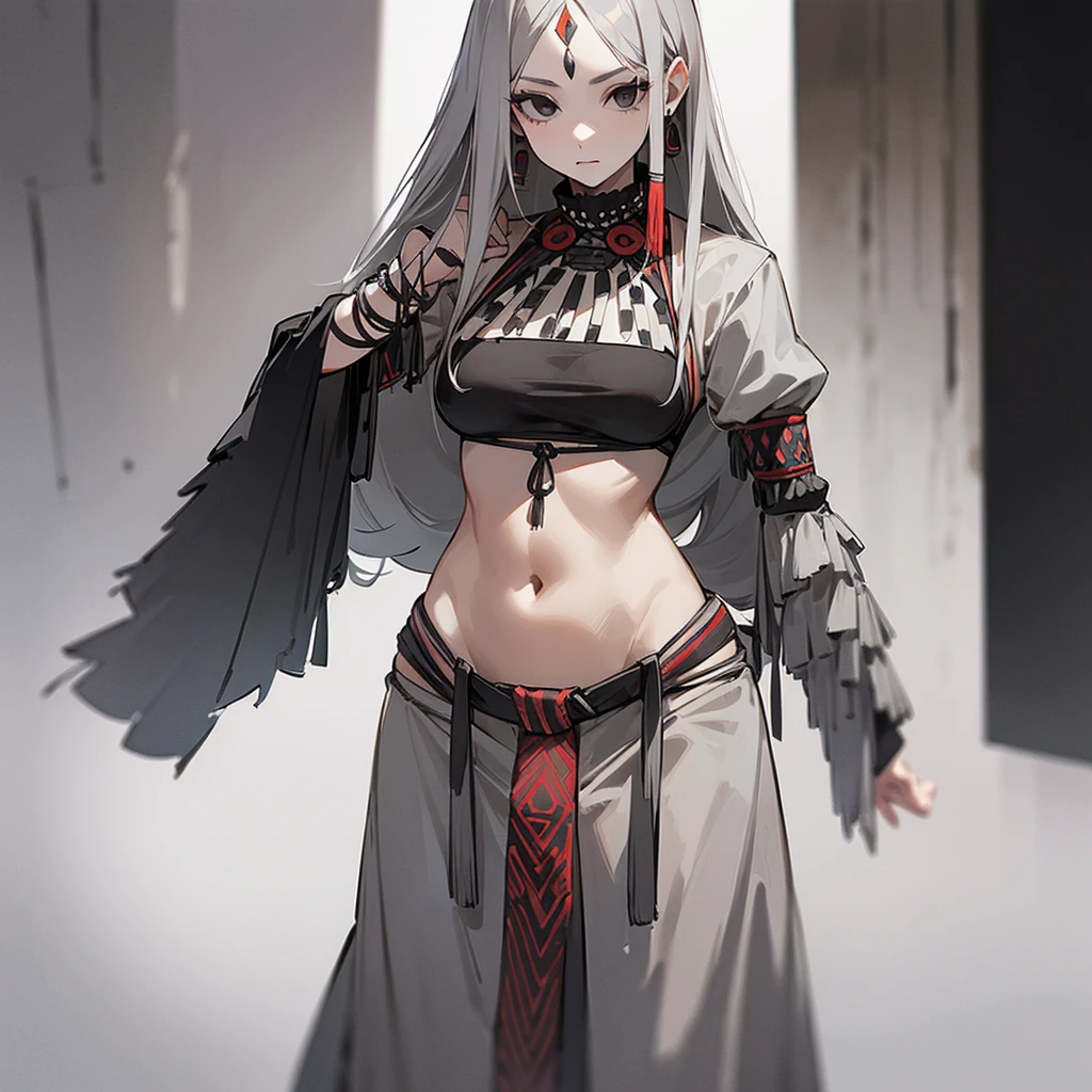 (((Alone))),(((Mature Woman))),(((Long Gray hair without bangs))),(((Completely black eyes))),(Full chest and slim waist),(((Tribal clothing)))