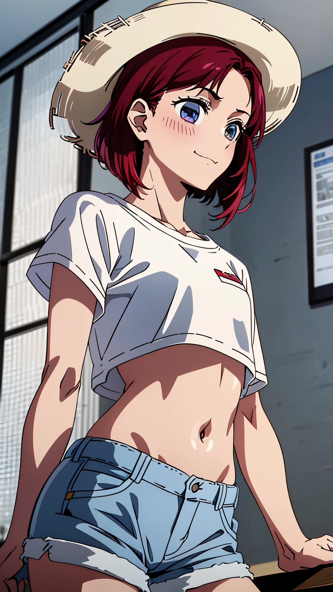 (highest quality:1.4), 8K resolution, Ultra HD, (High resolution:1.4), cinematic light, 1 girl, embarrassed face, very fine eyes,small breasts、white skin,indoor、Clear blue sky,blush、(looking at the viewer)、model pose、forced smile、cowboy shot、short hair、red hair、(highly detailed eyes)、(short cut shirt)、(shorts)、Navel、hat