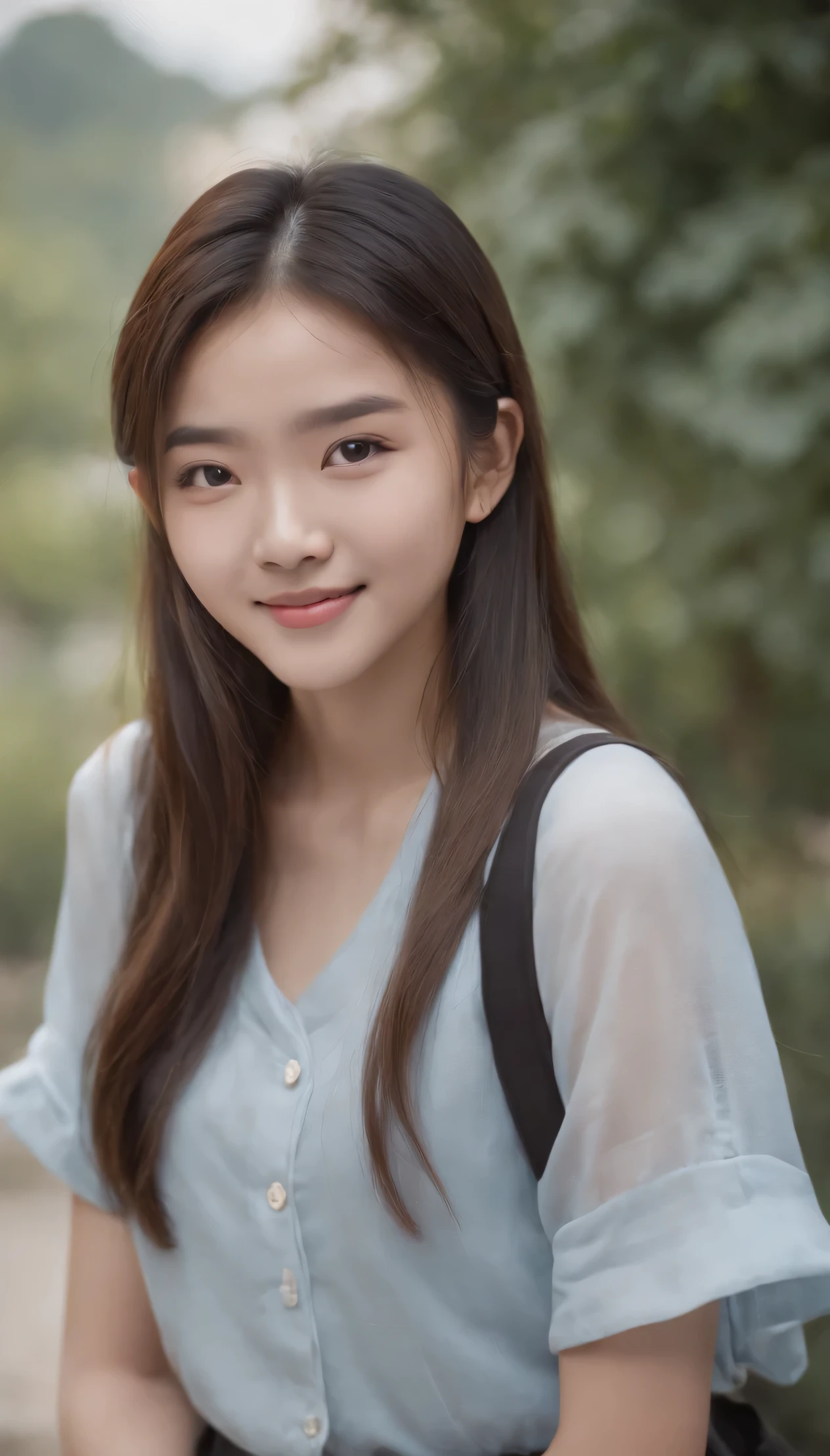 Chinese female students, long hair, , smiling, Naïve and lively, wearing short skirt, Lovely.