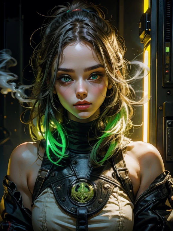 (Best quality), (perfect face), (high detail), (1girl), (closeup), (headshot), a cute stoner girl smoking a joint, smoke filled room, weed smoke, THC, (green eyes), (neon green 1:1), HDR,4K, 3D