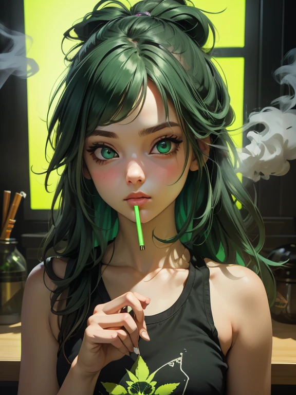 (Best quality), (perfect face), (high detail), (1girl), (closeup), (headshot), a cute stoner girl smoking a joint, smoke filled room, weed smoke, THC, (green eyes), (neon green 1:1), HDR,4K, 3D