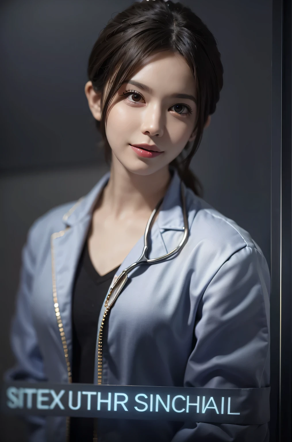 专业诊所的一位美丽的女doctor，（best quality，super detailed），Wearing a crisp white lab coat，He has a stethoscope hanging around his neck，A warm smile on his face。doctor&#39;The eyes are well defined，Perfect nose shape，Sweet mouth。The clinic is well-lit，Equipped with state-of-the-art medical equipment and informative medical charts。The color palette is bright and clean，Mainly white and light blue。The lighting is carefully balanced，create comfort、Well-lit environment。整体风格Realistic、Realistic，with artistic flair。