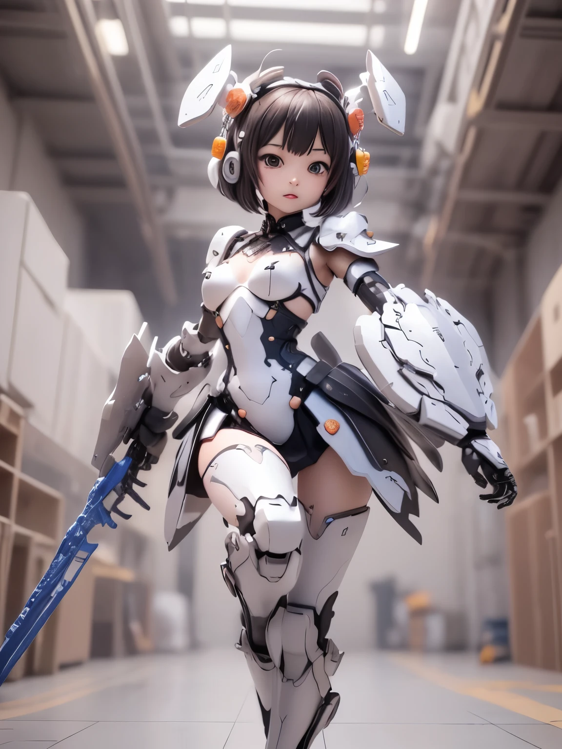 armor colored white and blue,,japanese young girl, {(wear gothic lolita clothes with white frills:1.2)}, wears a futuristic Gundam style armor, with headgear, with v-fin , armored shoulders,armored under arms, armored under legs,full body:1.5, battle pose,Pose that uses the whole body,
cute, (cute:1.2), (bob cut:1.3),三つ編み, 黒髪, 太い眉毛, 薄い色の虹彩, 大きくて輝いている黒い瞳, 長いまつげ, 小さく薄い色の自然な唇, (Average face of Japanese idols), (日本人特有の童顔:1.3), (baby face), 広いおでこ:1.2, ふっくらした頬, 小さな顎, open legs, spread feet, visible side boob, (holding weapon),(holding huge weapon), holding Very large shield,in the hangar,looking at viewer,Focus on the eyes ,
3D rendering,
Small robot,
portrait female anime,
cute 3d anime rendering,
cute detailed digital art,
mini cute mech,
3D rendering stylized,
3D renderingされたキャラクター アート 8k,
cute digital painting,
Anime style 3D,
Super detailed rendering,
weapon in hand,