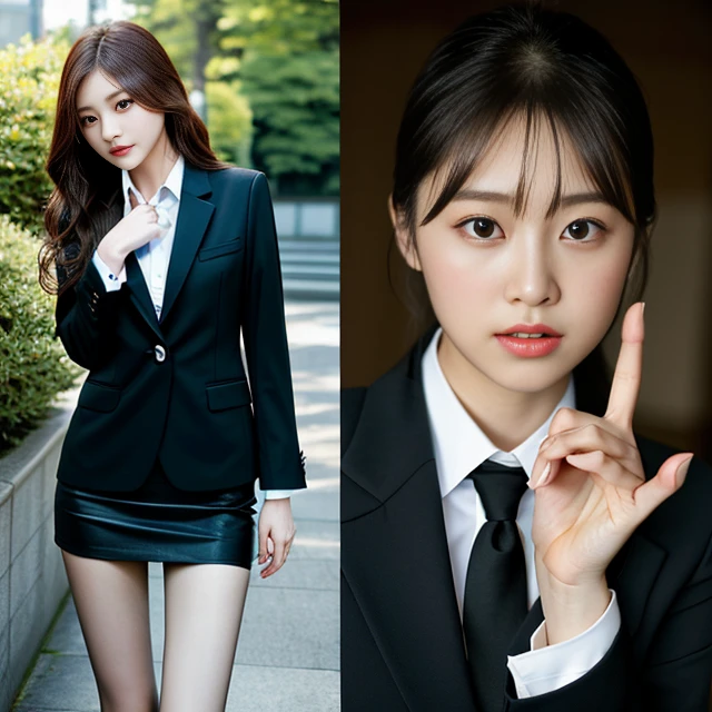 onoff,side-by-side photo,split screen,top-quality, ​masterpiece, 1girl in, 美丽的面容, (photographrealistic:1.3), Rim Lighting, (High Detail Skins:1.2), 8K UHD, Digital SLR, hightquality, hight resolution, bokeh dof, absurderes, best ratio four finger and one thumb, (realisitic:1.3), Cute Japan 1 Girl, Wearing a black formal blazer, middlebreast, a short skirt,Small face、Delicate figure