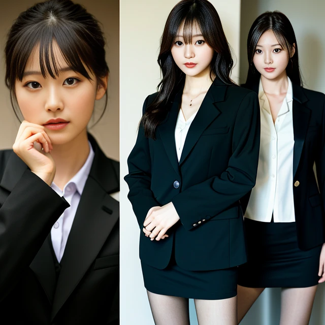 onoff,side-by-side photo,split screen,top-quality, ​masterpiece, 1girl in, 美丽的面容, (photographrealistic:1.3), Rim Lighting, (High Detail Skins:1.2), 8K UHD, Digital SLR, hightquality, hight resolution, bokeh dof, absurderes, best ratio four finger and one thumb, (realisitic:1.3), Cute Japan 1 Girl, Wearing a black formal blazer, middlebreast, a short skirt,Small face、Delicate figure