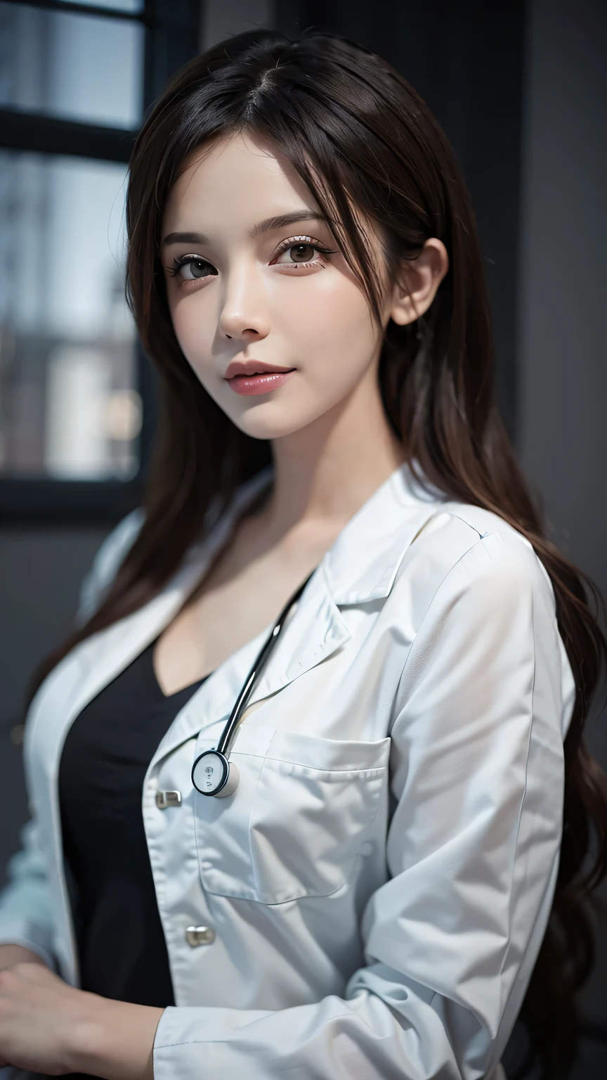 A beautiful female doctor in a professional clinic, (best quality, high resolution, Super detailed), Wearing a crisp white lab coat, and the warm smile on her face. Doctor&#39;s eyes are chiseled, Perfectly shaped nose, and luscious lips. The clinic is well-lit，Plenty of natural light, Equipped with state-of-the-art medical equipment and informative medical charts. The color palette is bright and clean, Mainly white and light blue. The lighting is carefully balanced, create comfort、Well-lit environment. The overall style is realistic and realistic, With a touch of art.