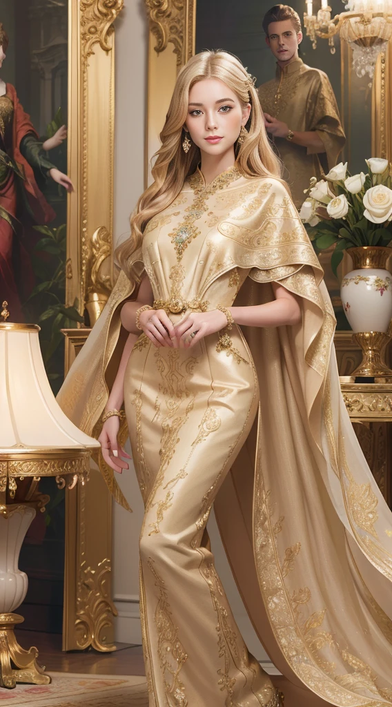 best quality, highly detailed, ultra-detailed, illustration, masterpiece,extremely detailed eyes and face, incredibly_absurd resolution, (blonde hair) , 1girl, wearing a meticulously crafted and luxurious gown showcasing intricate details, exquisite tailoring, and opulent fabrics, slim waist, light smile, whole body, facing towards the viewers, dynamic pose
