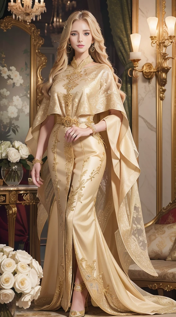 best quality, highly detailed, ultra-detailed, illustration, masterpiece,extremely detailed eyes and face, incredibly_absurd resolution, (blonde hair) , 1girl, wearing a meticulously crafted and luxurious gown showcasing intricate details, exquisite tailoring, and opulent fabrics, slim waist, light smile, whole body, facing towards the viewers, dynamic pose