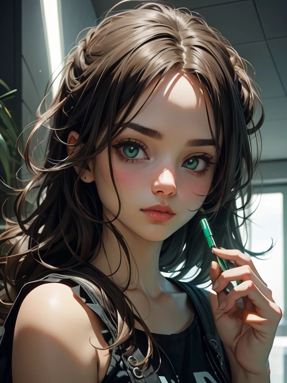 (Best quality), (perfect face), (high detail), (1girl), (closeup), (headshot), a cute stoner girl smoking a joint, smoke filled room, weed smoke, THC, (green eyes), (neon green 1:1), HDR,4K, 3D