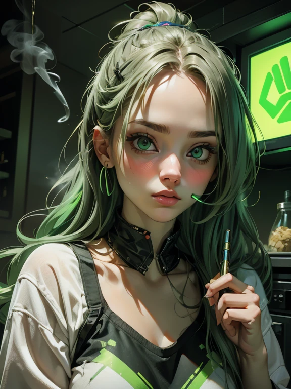 (Best quality), (perfect face), (high detail), (1girl), (closeup), (headshot), a cute stoner girl smoking a joint, smoke filled room, weed smoke, THC, (green eyes), (neon green 1:1), HDR,4K, 3D