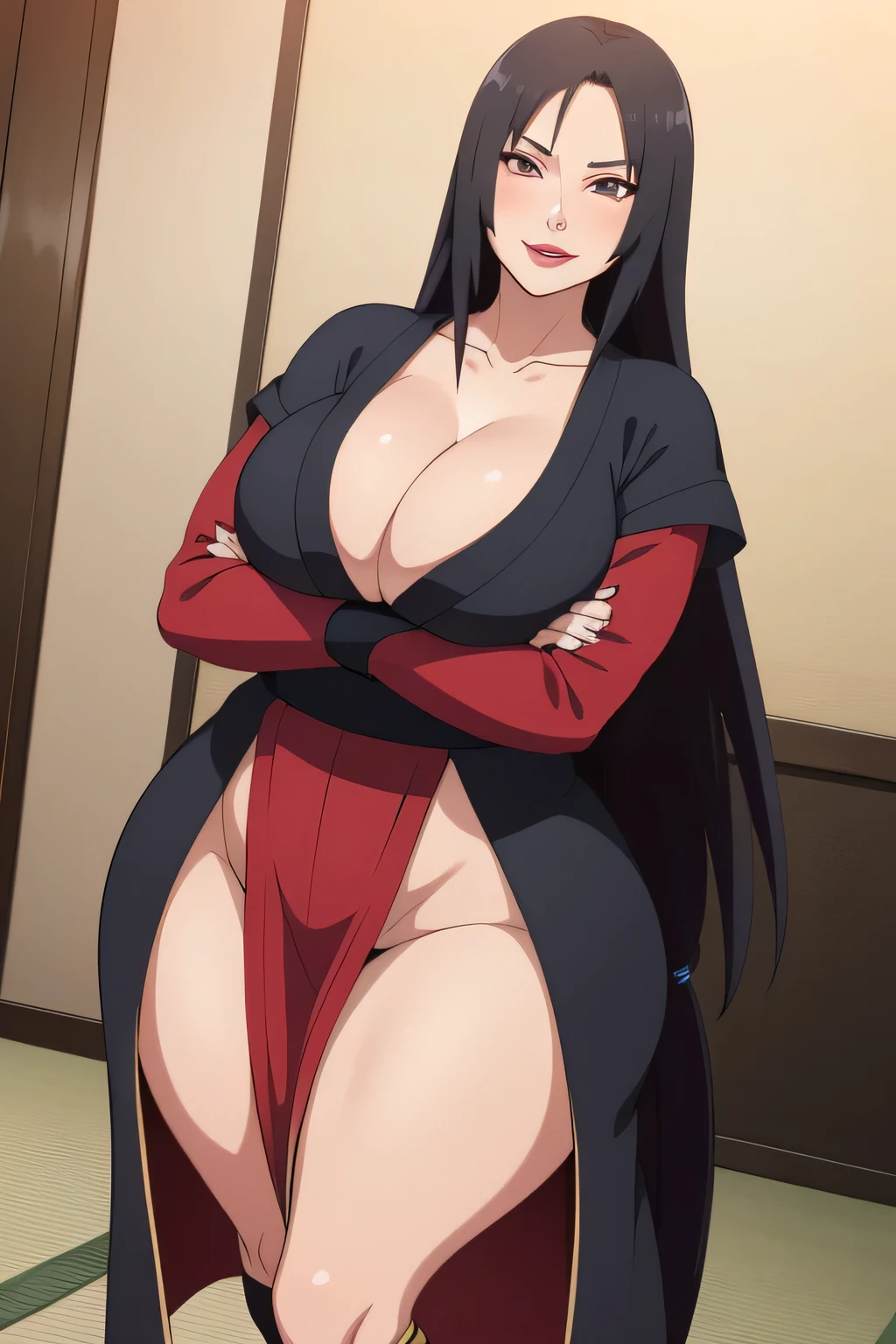 Mikoto Uchiha, 1 girl, ((bimbo))), long Black hair, cute smile face, puffy lips, painted lips, thick lips, wide hips, thick thighs, huge ass, craving lust face , small breasts, cleavage, mature mom, perfect hands, Kimono, red armor, crossed arms, art from Naruto Shippuden, Ultra detailed