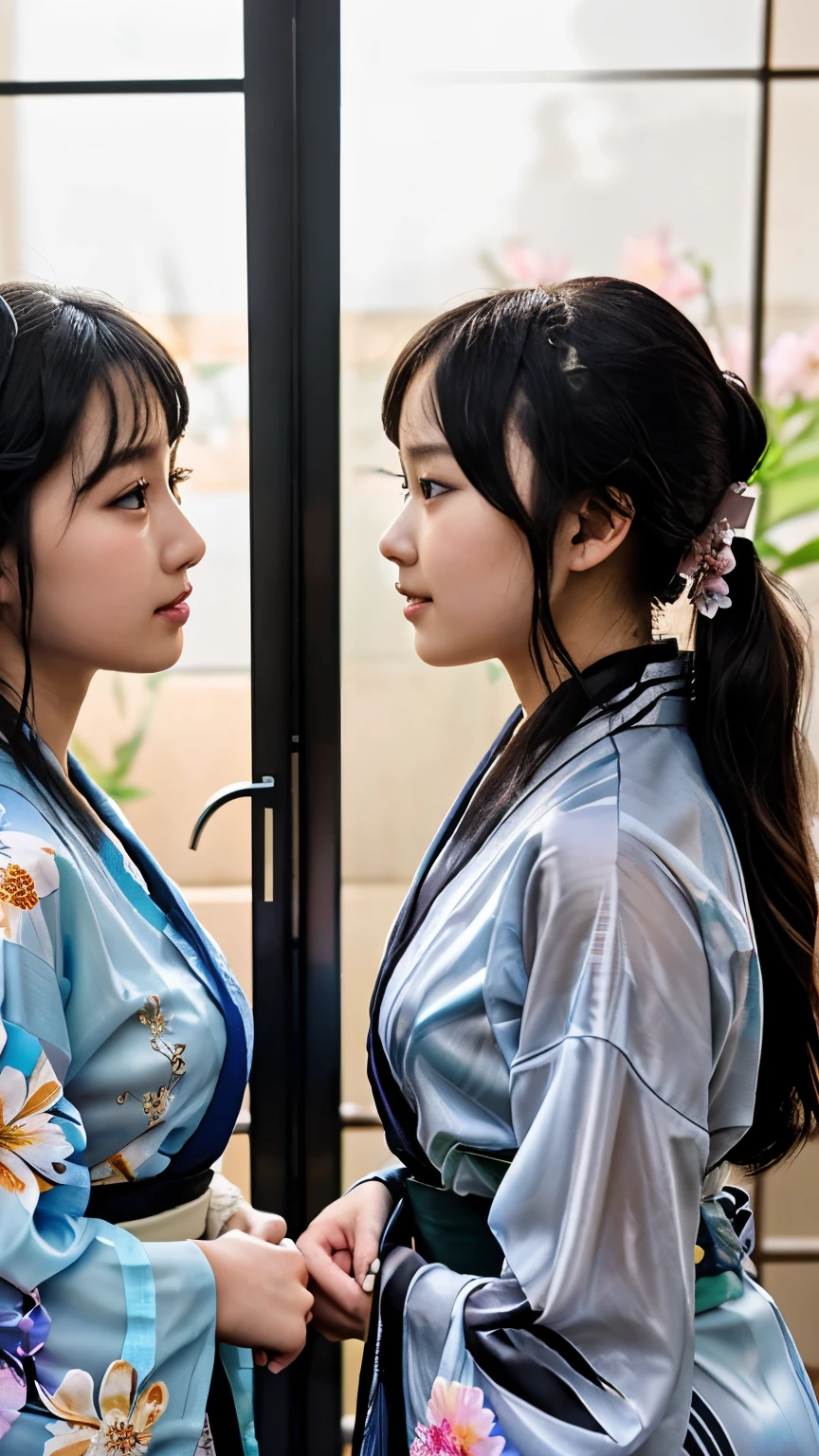 最high quality、high quality、best image quality、8K、最High resolution、High resolution、最high quality、masterpiece、realistic pictures、RAW photo、realistic atmosphere、(detailed face)、(fine hands、thumb1reference4)、(beauty of japan )、very nice face、cute face、((beautiful japanese girl))、(woman), ((18 year old beautiful girl))、(glossy black hair)、(straight long hair)、(ponytail)、whole body、slim style、(shiny skin)、(Fair skin, Glossy skin)、real human skin、realistic human body structure、perfect body, perfect face, perfect hands, perfect fingers, perfect lips, perfect eyes,perfect teeth、perfect background, perfect atmosphere, soft natural light、samurai kimono、maiko kimono、servant、geisha kimono、japanese kimono、Furisode、kimono、Yukata、japanese traditional、((The room has a very large glass partition...))、((The girl in front of the glass and the girl behind the glass are identical twins...))、((There is an invisible glass partition between the twin girls.))、((Twin girls facing each other through glass.))、((twin girls look the same(The same face、Same hairstyle、Same body type、Dress the same、Same pose))、((Twin girls are playing and imitating each other(Two sides of the same coin))、((colorful transparent see-through(flowery kimono、Hakama with side slits))、Angle from diagonally behind