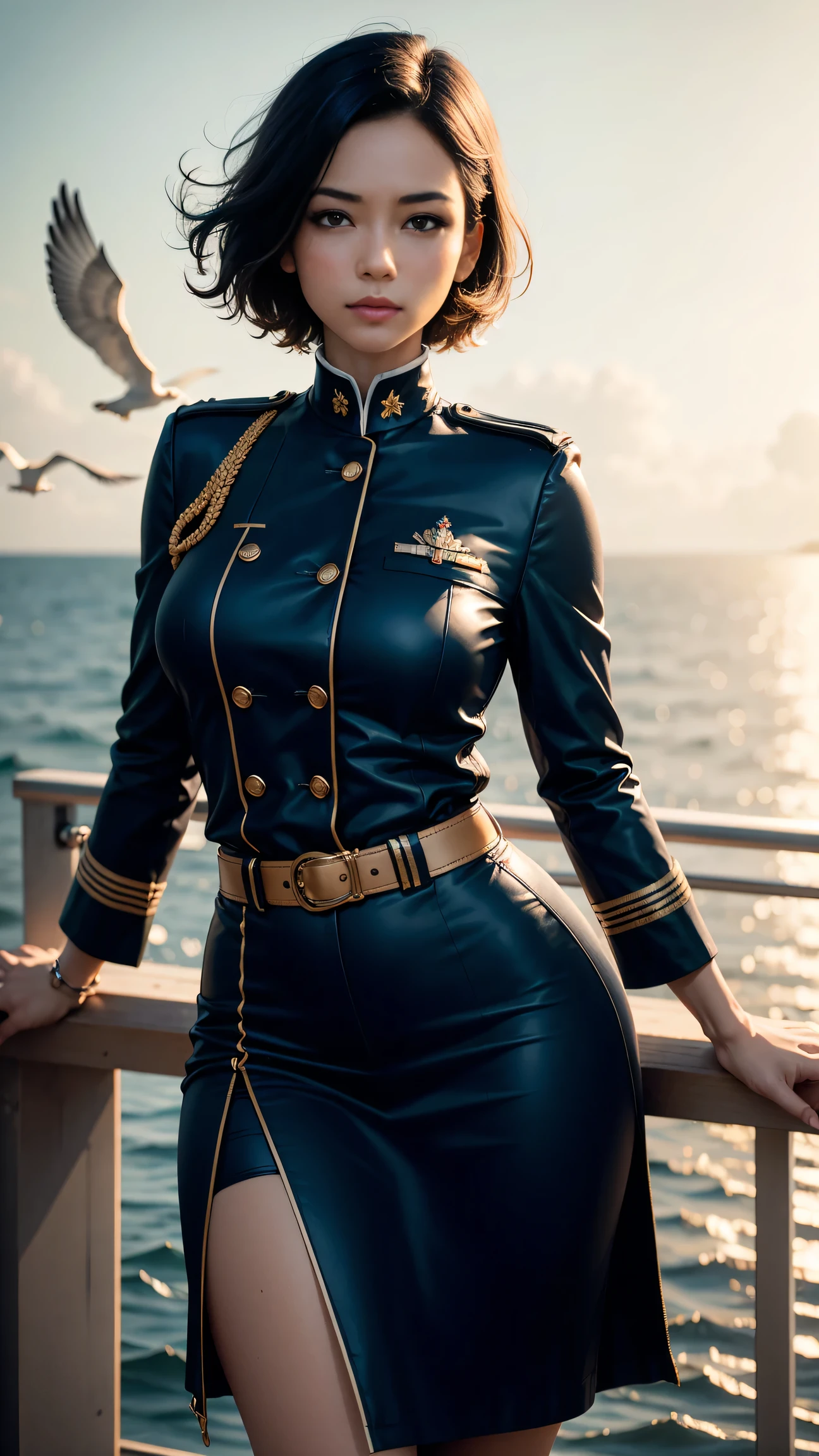 (best quality,4K,8k,high resolution,masterpiece:1.2),Super detailed,actual,portrait,Beautiful and delicate eyes,Beautiful and delicate lips,extremely detailed face,long eyelashes,strong,no fear,confident,brave,professional,leader,inspirational gesture,Dressed in military uniform,Well groomed short hair,condescending,Standing on the deck of a large ship,Blue ocean background,Blue sky and fluffy clouds,sunny,The breeze blows slowly,Seagulls fly around,binoculars in her hands,Deep focus,Sharp details,Subtle color palette,soft warm light,light orange and yellow tones,Contrast between light and shadow,inspiring atmosphere