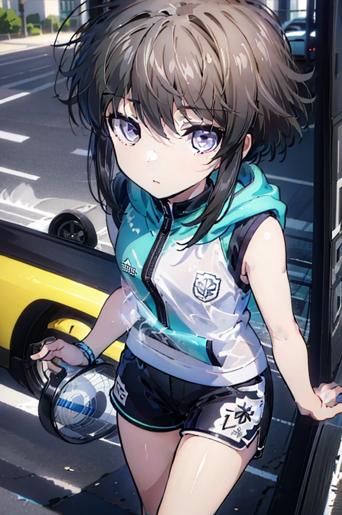 1 girl,å—å±±é›«,black hair,short hair with long locks,short hair,side lock,purple eyes,bangs,black hair,Short sleeve hoodie,sleeveless,have,shorts,sneakers,city,walk,sun,summer,noon, masterpiece:1.2), highest quality, High resolution, unity 8k wallpaper, (figure:0.8), (beautiful and fine eyes:1.6), highly detailed face, perfect lighting, Very detailed CG, (perfect hands, perfect anatomy),