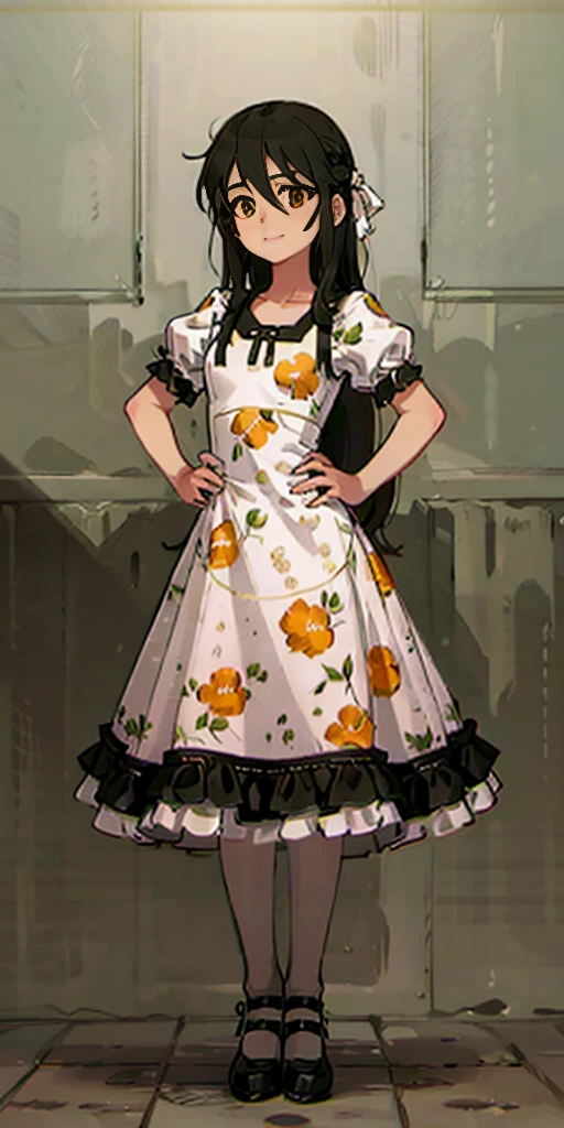 1 girl, ((masterpiece, sidelighting, beautiful eyes: 1.2), ultra-detailed, ultra high res, professional lighting, high quality makeup, beautiful detailed eyes), (best-quality:0.8), perfect anime illustration, beautiful, flat color background, simple background, full body , looking_at_viewer, solo, (full body:1.5), brown hair, dark brown eyes, (small breasts:1.1), solo,HuasaChile, Huasachina, shash, puffy dress, dress, puffy short sleeves, pantyhose, black footwear, floral print, print dress, hand on hip, handkerchief,toph, (blind:1.5)