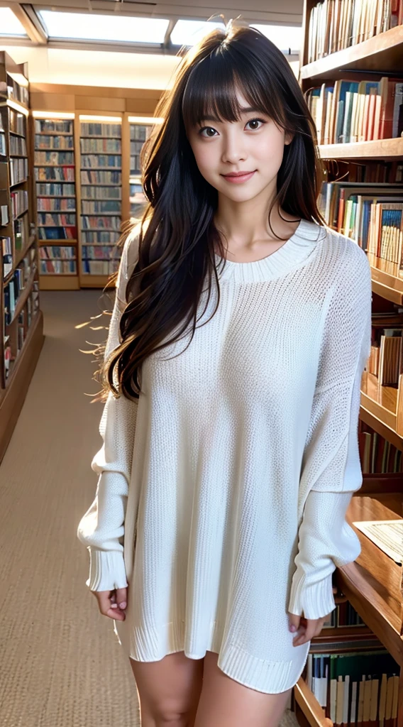 8K、highest quality、masterpiece、realistic、(((library)))、(Profile standing and reading)、daytime、Medium long hair with some bangs、F cup breasts、Female college student、cute face、Wearing a high neck sweater dress、
