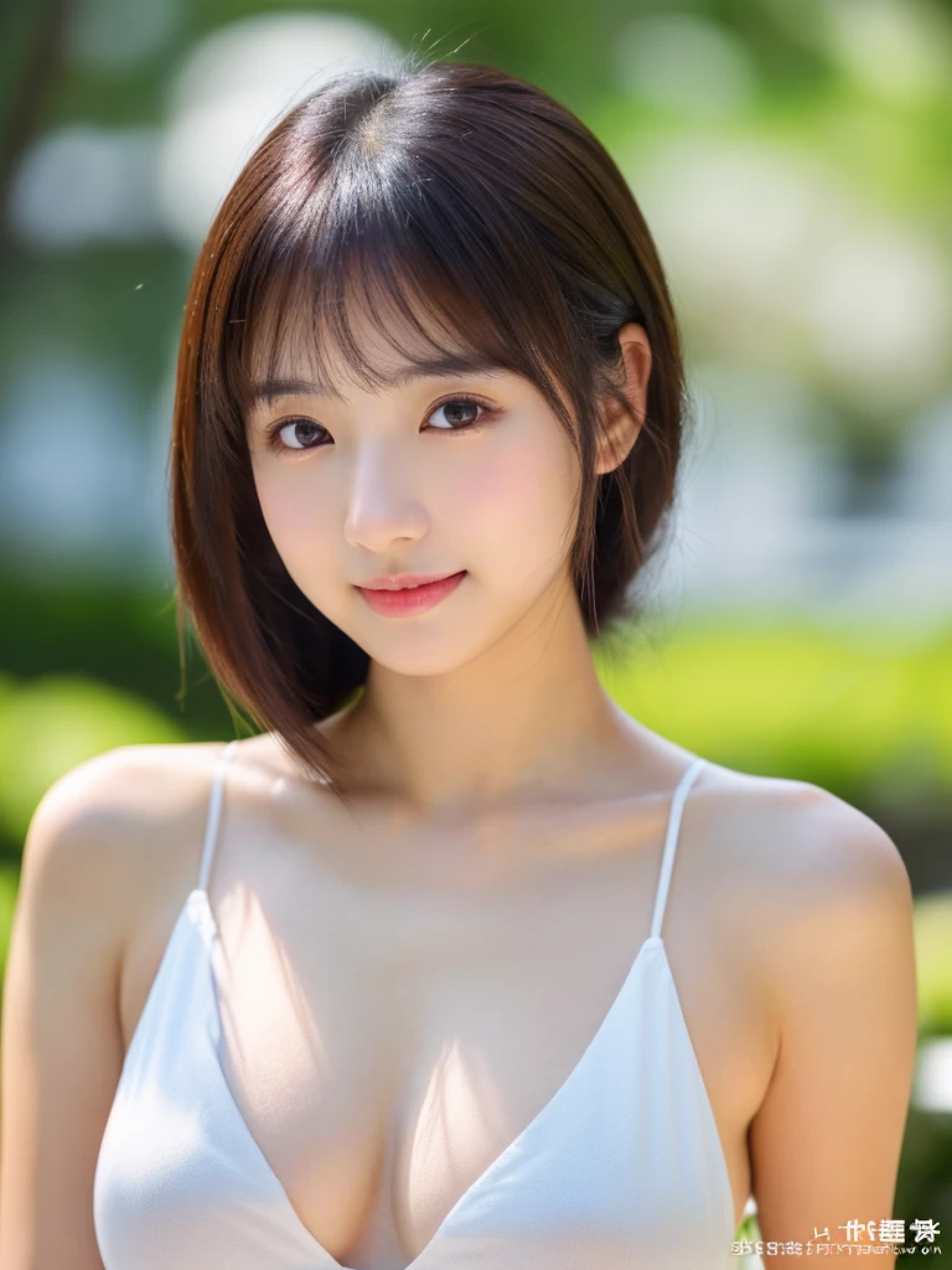 ((cute日本の女の子、beautiful japanese girl、1 girl、clear、19 years old、ponytail、Highly detailed face and skin texture、refinement、super detailed face、highly detailed eyes、Lee Hong、blush、cheek、ピンクのcheekを塗ったcheek、close-up of woman、 from the neck up、 Close to the camera、 positive face、Forward-facing body、look at the camera、front、cute、smooth white skin、Transparent skin texture、))、(dark brown hair、bangs)、beautiful woman with perfect style:1.4、japanese model、young gravure idol、若いcuteグラビアアイドル、Realistic young gravure idol、refinementされたグラビアアイドル、((highest quality、8K、masterpiece:1.3、1photograph))、(4K、RAWphotograph、highest quality)、(realistic、フォトrealistic:1.37)、Place someone on the other side of the screen、Natural light、professional lighting、F cup、big breasts、big breasts、Beautiful and well-shaped breasts、