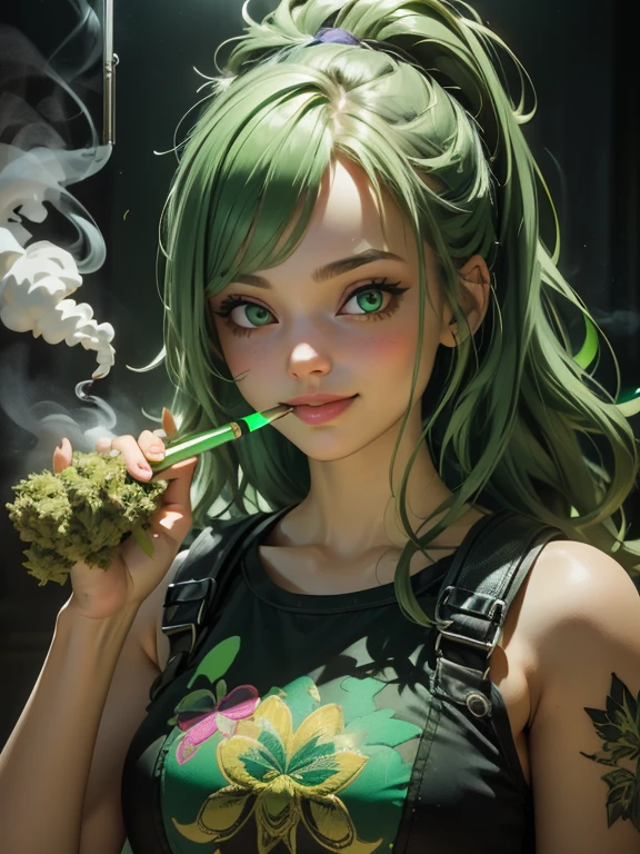 (Best quality), (perfect face), (high detail), (1girl), (closeup), (headshot), a cute stoner girl smoking a joint, smiling, very high on life, smoke filled room, weed smoke, THC, (green eyes), (neon green 1:1), HDR,4K, 3D