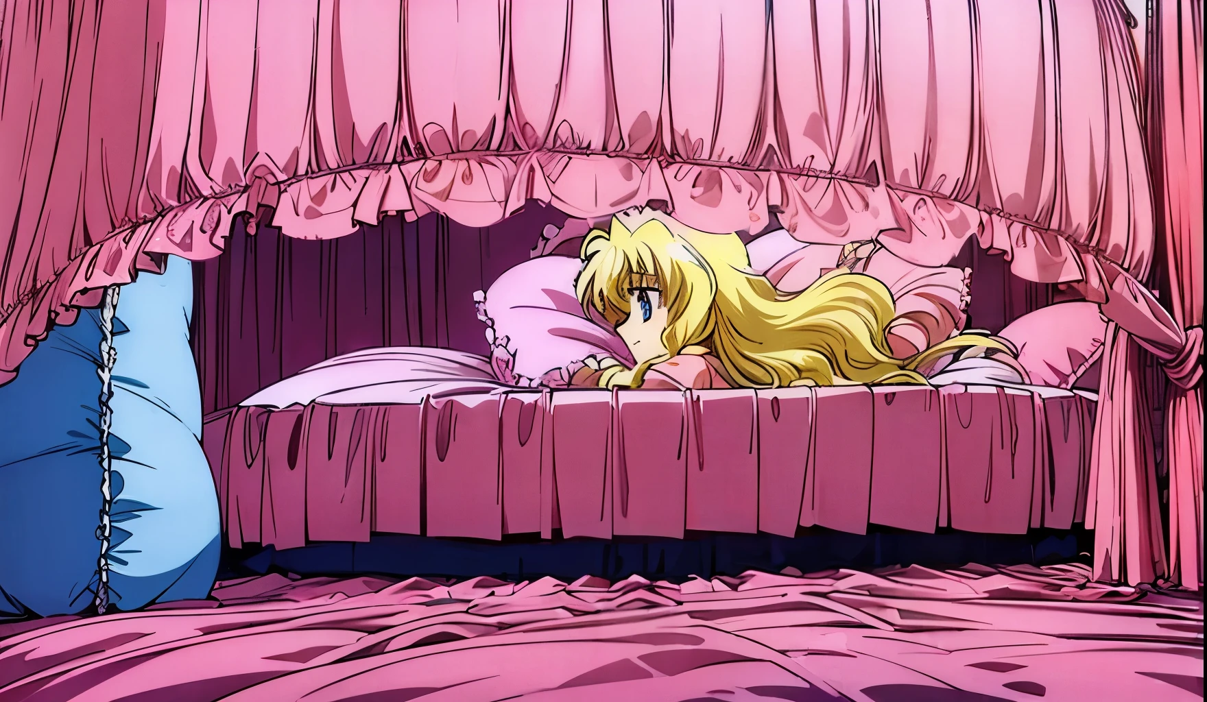 The room has a pink bed with a canopy, bedroom background,luxury,(huge bed), ((lot of frilled pink pillows)),((canopy bed)),((frilled curtain)),((Plush pillow)),((Fluffy futon)), Girl on the bed,anime characters,,long blonde hair,blue eyes,pink ruffle pajamas,Long sleeve long skirt,nightcap,